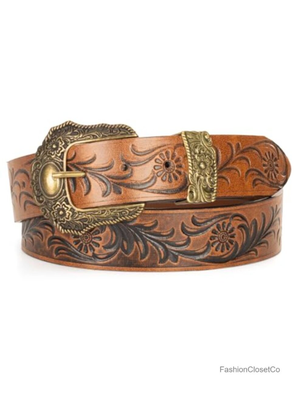 Vintage Western Cowboy Belt with Rhinestone Buckle, Floral Engraved PU Leather